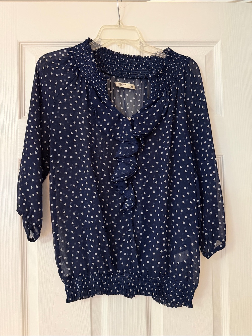 Old Navy Navy White Polka Dot Ruffle Blouse